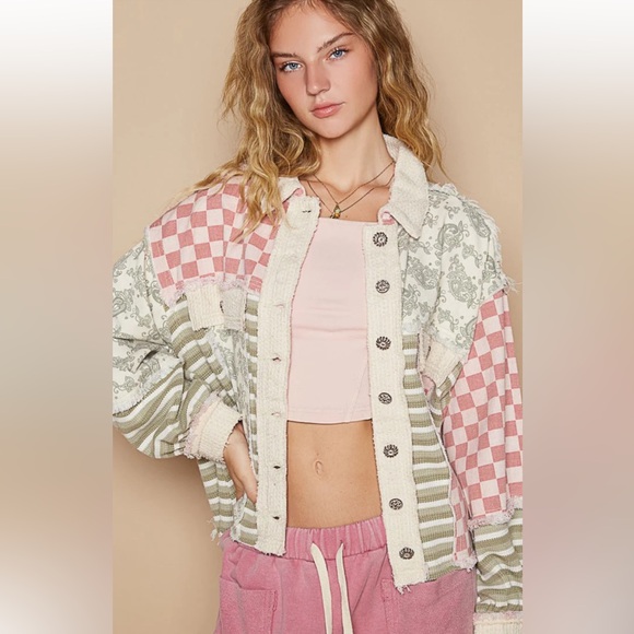 POL Tops - NWOT POL Vintage Wash Mixed Prints Jacket/Shacket in Olive/Pink